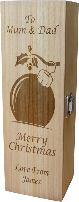 Personalised Wooden Wine Box with Hinged Lid - Merry Christmas Bauble