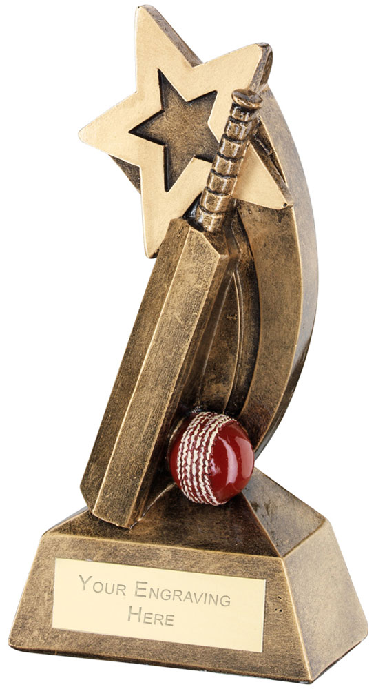 Cricket Trophies - Red Cricket Bat Ball With Shooting Star Trophy 12.5cm (5")